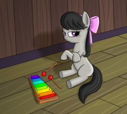 Size: 1600x1438 | Tagged: safe, artist:styroponyworks, artist:tech--pony, octavia melody, earth pony, pony, g4, bow, female, filly, hair bow, looking at you, musical instrument, solo, xylophone, younger