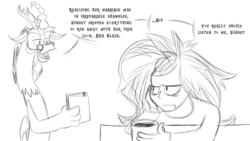 Size: 500x281 | Tagged: safe, artist:turkleson, discord, sunset shimmer, draconequus, comic:aria's archives, series:sciset diary, equestria girls, g4, clothes, coffee, coffee mug, discord-trolls, glasses, mug