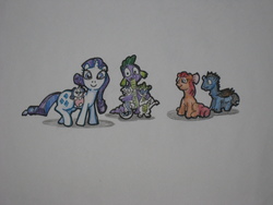 Size: 1600x1200 | Tagged: safe, artist:hillbe, apple bloom, rarity, spike, oc, bat pony, dracony, hybrid, g4, female, interspecies offspring, male, offspring, parent:rarity, parent:spike, parents:sparity, ship:sparity, shipping, straight, traditional art