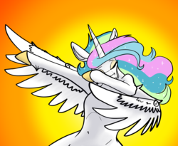 Size: 3653x2994 | Tagged: safe, artist:greyscaleart, princess celestia, alicorn, pony, g4, belly button, dab, eyes closed, female, high res, mare, solo, wing dab