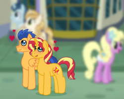 Size: 720x576 | Tagged: safe, artist:cookiek17, flash sentry, spring forward, sunset shimmer, sweet biscuit, earth pony, pegasus, pony, unicorn, g4, background pony, blurry background, digital art, female, heart, male, mare, requested art, ship:flashimmer, shipping, stallion, straight