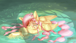 Size: 3840x2160 | Tagged: safe, artist:sintakhra, fluttershy, butterfly, pegasus, pony, g4, cute, female, fluffy, high res, lying, lying in water, misleading thumbnail, pond, sleeping, solo, unshorn fetlocks, wet, wet mane