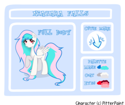 Size: 1031x865 | Tagged: safe, artist:pandamoniyum, oc, oc only, oc:niagara falls, pegasus, pony, female, mare, offspring, parent:bulk biceps, parent:fluttershy, parents:flutterbulk, raised hoof, reference sheet, solo