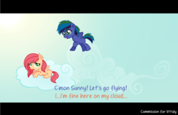 Size: 1920x1246 | Tagged: safe, artist:pandamoniyum, oc, oc only, oc:stormy nights, oc:sunny days, pegasus, pony, blank flank, cloud, duo, female, filly, flying, foal, hooves, lying down, lying on a cloud, offspring, on a cloud, open mouth, parent:big macintosh, parent:fluttershy, parent:rainbow dash, parent:soarin', parents:fluttermac, parents:soarindash, prone, spread wings, wings