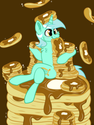 Size: 2400x3200 | Tagged: safe, alternate version, artist:spindlespice, lyra heartstrings, pony, unicorn, g4, brown background, eating, female, food, high res, pancakes, simple background, solo, sparkles