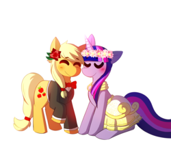 Size: 1280x1067 | Tagged: safe, artist:lupeylycan, applejack, twilight sparkle, pony, unicorn, g4, clothes, cute, dress, female, floral head wreath, flower, lesbian, ship:twijack, shipping, tuxedo, unicorn twilight, wedding dress