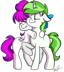 Size: 2593x2928 | Tagged: safe, artist:befishproductions, oc, oc only, oc:minty root, oc:snow kicker, pegasus, pony, unicorn, bow, female, hair bow, heart eyes, high res, hug, simple background, sisters, transparent background, wingding eyes
