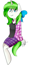 Size: 2011x4468 | Tagged: safe, artist:befishproductions, oc, oc only, oc:minty root, unicorn, anthro, anatomically incorrect, bow, clothes, eye clipping through hair, hair bow, incorrect leg anatomy, plaid, plaid shirt, plaid skirt, simple background, skirt, solo, transparent background