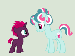 Size: 1030x766 | Tagged: safe, artist:cookiek17, fizzlepop berrytwist, fizzy, tempest shadow, pony, unicorn, g1, g4, my little pony: the movie, base used, digital art, duo, female, filly, filly tempest shadow, looking at each other, mare, mother and daughter, parent:buttons, parent:fizzy, simple background, younger