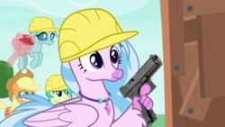 Size: 921x518 | Tagged: safe, edit, edited screencap, screencap, applejack, ocellus, sandbar, silverstream, changedling, changeling, classical hippogriff, earth pony, hippogriff, pony, non-compete clause, cowboy hat, delet this, female, flying, glock, glock 17, gun, handgun, hard hat, hat, jewelry, male, mare, necklace, no trigger discipline, pistol, reaction image, teenager, weapon