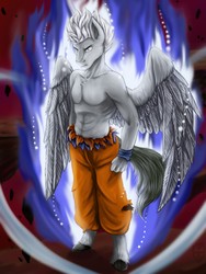 Size: 960x1280 | Tagged: safe, artist:mirramortas, oc, oc only, oc:pipe dream, pegasus, saiyan, anthro, unguligrade anthro, abs, anthro oc, aura, clothes, cloven hooves, crossover, dragon ball, dragon ball super, male, mastered ultra instinct, muscles, partial nudity, solo, son goku, topless, torn clothes, tournament of power, ultra instinct, wings