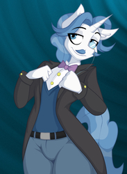 Size: 822x1122 | Tagged: safe, artist:lil miss jay, fancypants, unicorn, anthro, full service playing cards, g4, clothes, crotch bulge, male, monocle, pants, smiling, solo, stallion, vest