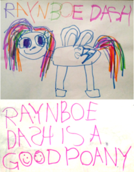 Size: 1430x1835 | Tagged: safe, artist:great-5, rainbow dash, g4, marker drawing, masterpiece, misspelling, smiley face, stylistic suck, traditional art, truth