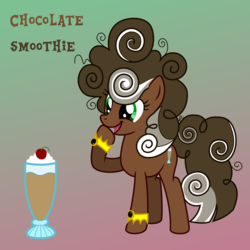 Size: 1080x1080 | Tagged: safe, artist:tacobender, oc, oc only, earth pony, pony, bracelet, brown coat, chocolate, commission, commission info, curls, curly hair, cutie mark, female, food, jewelry, mare, simple background, smoothie, solo, vector
