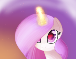 Size: 1400x1080 | Tagged: safe, artist:andromedasparkz, princess celestia, pony, g4, bust, female, glowing horn, hair over one eye, horn, pink-mane celestia, smiling, solo, twilight (astronomy)
