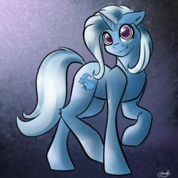 Size: 900x900 | Tagged: safe, artist:psychoticminkiepie, trixie, pony, unicorn, g4, abstract background, female, floppy ears, looking at you, mare, smiling, solo