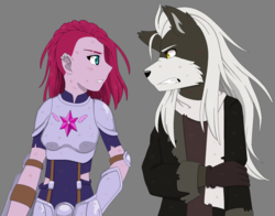 Size: 1597x1255 | Tagged: safe, artist:fantasygerard2000, tempest shadow, human, anthro, g4, armor, clothes, crossover, furry, gloves, gray background, humanized, infinite (character), looking at each other, male, scarf, sega, simple background, sonic forces, sonic the hedgehog, sonic the hedgehog (series), zero the jackal