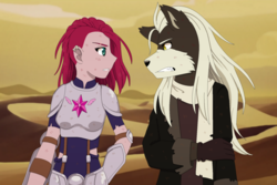 Size: 1876x1252 | Tagged: safe, artist:fantasygerard2000, tempest shadow, human, anthro, g4, armor, clothes, crossover, duo, female, furry, humanized, infinite (character), looking at each other, male, sega, sonic forces, sonic the hedgehog, sonic the hedgehog (series), zero the jackal