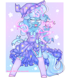 Size: 3000x3400 | Tagged: safe, artist:befishproductions, artist:bunxl, trixie, unicorn, anthro, g4, armpits, clothes, collaboration, cup, dress, ethereal mane, female, hat, high res, looking at you, magic, starry eyes, starry mane, starry tail, tail, teacup, tongue out, trixie's hat, wingding eyes