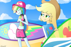 Size: 3774x2523 | Tagged: safe, artist:xan-gelx, applejack, rainbow dash, blue crushed, equestria girls, equestria girls series, g4, beach, bedroom eyes, clothes, cowboy hat, female, hat, high res, missing accessory, smiling, stetson, surfboard, swimsuit