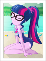 Size: 678x890 | Tagged: safe, artist:charliexe-edits, edit, edited edit, sci-twi, twilight sparkle, equestria girls, equestria girls series, forgotten friendship, g4, adorasexy, barefoot, beautiful, beautisexy, clothes, cute, eyes closed, feet, female, geode of telekinesis, glasses, magical geodes, ponytail, sci-twi swimsuit, sci-twiabetes, sexy, solo, swimsuit, twiabetes