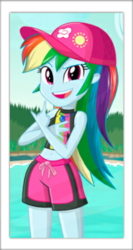 Size: 512x964 | Tagged: safe, artist:charliexe-edits, edit, edited edit, rainbow dash, equestria girls, equestria girls series, forgotten friendship, g4, belly button, board shorts, clothes, female, geode of super speed, hat, jewelry, looking at you, magical geodes, multicolored hair, necklace, shorts, solo, swimsuit