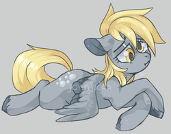 Size: 1567x1224 | Tagged: safe, artist:johnjudes, derpy hooves, pegasus, pony, g4, crossed arms, female, floppy ears, lying, lying down, mare, prone, sad, simple background, solo, watermark, wavy mouth
