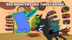 Size: 1920x1080 | Tagged: safe, edit, edited screencap, screencap, changeling, g4, alternate universe, dialogue, golden oaks library, image macro, implied chrysalis, letter, meme, quill, solo, writing