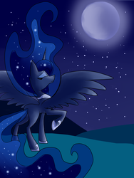 Size: 1920x2560 | Tagged: safe, artist:melodyclerenes, princess luna, alicorn, pony, ethereal mane, eyes closed, eyeshadow, female, frown, hoof shoes, majestic, makeup, mare, missing accessory, missing cutie mark, moon, night, peytral, raised hoof, rear view, solo, starry mane, starry night
