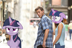 Size: 512x341 | Tagged: safe, mean twilight sparkle, twilight sparkle, alicorn, human, pony, g4, the mean 6, clone, distracted boyfriend meme, female, floppy ears, irl, irl human, male, mare, meme, photo, twilight sparkle (alicorn)