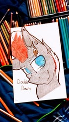 Size: 2620x4656 | Tagged: safe, artist:caduceus, artist:caduceusarts, oc, oc only, oc:double down, pony, bust, colored pencil drawing, ear piercing, earring, gauges, jewelry, male, markers, mohawk, piercing, solo, traditional art