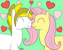 Size: 1000x800 | Tagged: safe, artist:bigbullybiggs, artist:pacificside18, fluttershy, oc, oc:white heart, pegasus, pony, unicorn, g4, boop, canon x oc, duo, female, green background, heart, male, mutual booping, noseboop, shipping, simple background, straight