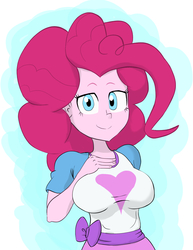 Size: 1476x1911 | Tagged: safe, artist:カタバミ, pinkie pie, equestria girls, g4, breasts, busty pinkie pie, clothes, female, looking at you, shirt, simple background, smiling, solo, t-shirt