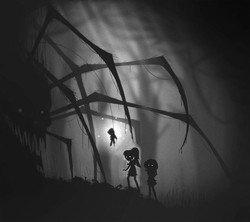 Size: 736x653 | Tagged: safe, artist:razoredge2312, sci-twi, sunset shimmer, twilight sparkle, giant spider, equestria girls, g4, crossover, grayscale, limbo (video game), monochrome, monster, teddy bear