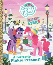 Size: 2066x2560 | Tagged: safe, artist:glenn thomas, alice the reindeer, pinkie pie, twilight sparkle, alicorn, deer, earth pony, pony, reindeer, yak, a perfectly pinkie present, g4, my little pony best gift ever, official, boots, clothes, duo focus, earmuffs, female, hat, high res, lamppost, little golden book, mare, present, scarf, shoes, snow, toque, tree, twilight sparkle (alicorn), twilight's castle, winter, winter outfit