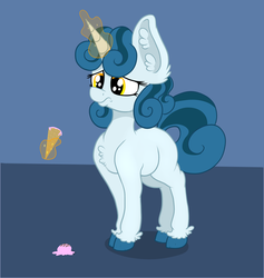 Size: 3024x3191 | Tagged: safe, artist:paskanaakka, derpibooru exclusive, oc, oc only, oc:cerulean swirls, pony, unicorn, abstract background, alternate hairstyle, blank flank, chest fluff, colored hooves, dropped ice cream, ear fluff, female, filly, food, high res, ice cream, ice cream cone, magic, sad, solo, telekinesis, unshorn fetlocks, younger