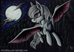 Size: 3484x2456 | Tagged: safe, artist:julunis14, oc, oc only, oc:shikaka, bat pony, pony, vampire bat pony, albino, bow, braided tail, cloud, flying, forest, high res, moon, smiling, solo, stars, tail bow, traditional art