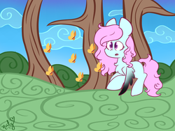 Size: 1600x1200 | Tagged: safe, artist:naty7913, oc, oc only, butterfly, pegasus, pony, chibi, colored wings, colored wingtips, female, mare, solo, tree