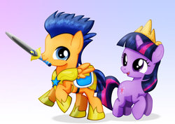 Size: 1600x1131 | Tagged: safe, artist:jucamovi1992, flash sentry, twilight sparkle, pegasus, pony, unicorn, g4, armor, colt, colt flash sentry, cute, diasentres, duo, female, filly, filly twilight sparkle, foal, laughing, male, mouth hold, royal guard, ship:flashlight, shipping, smiling, straight, sword, twiabetes, twilight wants to be a princess, unicorn twilight, weapon, young, younger