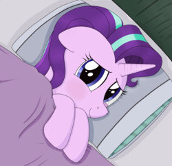 Size: 1881x1824 | Tagged: safe, artist:noosa, starlight glimmer, pony, unicorn, bed, blanket, blushing, cute, female, floppy ears, glim, glim glam, glimmerbetes, glimmy, looking at you, mare, pillow, puppy dog eyes, sleeping, smiling, smiling at you, solo, sweet dreams fuel, tucking in