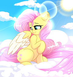 Size: 2200x2300 | Tagged: safe, artist:madacon, fluttershy, pegasus, pony, g4, cloud, cute, cutie mark, female, high res, hooves, lens flare, mare, on a cloud, shyabetes, sitting on a cloud, solo, spread wings, sun, wings