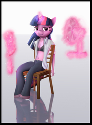 Size: 5018x6834 | Tagged: safe, artist:imafutureguitarhero, twilight sparkle, alicorn, anthro, unguligrade anthro, g4, 2d to 3d, 3d, absurd resolution, adaptation, belly button, border, bra, breasts, chair, chromatic aberration, cleavage, clothes, delicious flat chest, fan, feather, female, film grain, flatlight sparkle, folded wings, frown, horn, levitation, lidded eyes, looking at you, magic, mare, open clothes, open shirt, paintover, pants, pen, quill, recreation, recursive fanart, reflection, scroll, shirt, sitting, solo, source filmmaker, sweat, telekinesis, twilight sparkle (alicorn), underwear, vertical, wings
