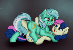 Size: 1611x1107 | Tagged: safe, artist:haruhi-il, bon bon, lyra heartstrings, sweetie drops, earth pony, pony, unicorn, g4, between legs, butt, couple, duo, female, lesbian, looking at each other, plot, ship:lyrabon, shipping, smiling, tongue out