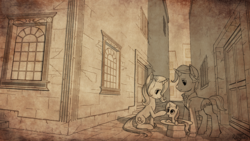 Size: 3840x2160 | Tagged: safe, artist:robin jacks, jack pot, sunflower spectacle, trixie, pony, unicorn, g4, alley, female, filly, filly trixie, hat, high res, male, mare, monochrome, ship:jacktacle, sketch, stallion, top hat, younger