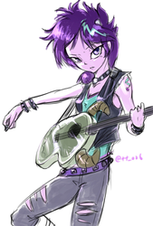 Size: 1377x2039 | Tagged: safe, artist:oberon826, starlight glimmer, equestria girls, g4, the parent map, alternative cutie mark placement, choker, clothes, cutie mark, cutie mark on equestria girl, edgelight glimmer, equestria girls interpretation, female, guitar, jeans, looking at you, messy mane, pants, punk, ripped pants, scene interpretation, shoulder cutie mark, simple background, solo, white background, wristband
