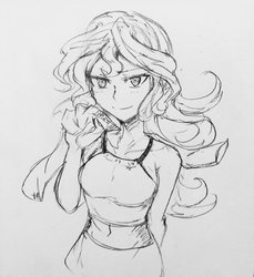 Size: 800x873 | Tagged: safe, artist:tzc, sunset shimmer, equestria girls, g4, belly button, clothes, female, lineart, looking at you, midriff, simple background, white background