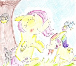Size: 1553x1355 | Tagged: safe, artist:ptitemouette, fluttershy, oc, oc:rainbow peace, g4, female, magical lesbian spawn, mother and daughter, next generation, offspring, parent:fluttershy, parent:rainbow dash, parents:flutterdash