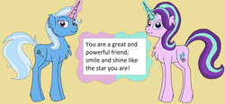 Size: 3300x1528 | Tagged: safe, artist:rosefang16, starlight glimmer, trixie, pony, unicorn, g4, chest fluff, cute, duo, female, glowing horn, heartwarming, horn, lesbian, levitation, magic, mare, positive message, positive ponies, ship:startrix, shipping, sign, simple background, smiling, tan background, telekinesis