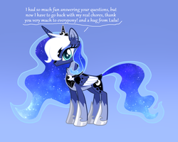 Size: 1500x1200 | Tagged: safe, artist:sugaryicecreammlp, princess luna, alicorn, pony, ask nebula luna, g4, alternate design, ask, blue background, concave belly, dialogue, digital art, female, gradient background, mare, simple background, slender, solo, thin, white-haired luna