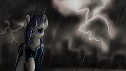 Size: 3840x2160 | Tagged: safe, artist:cluvry, rarity, pony, unicorn, g4, clothes, female, high res, lightning, mare, rain, solo, storm, wet mane